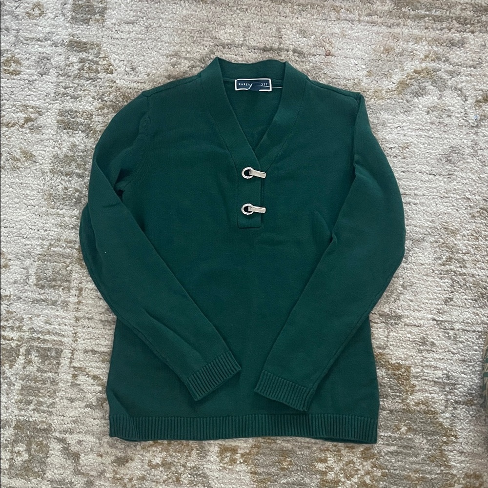 Karen Scott Dark Green V-Neck Sweater with Toggle Accents